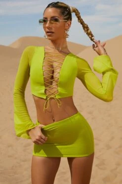 Lace Up Long Sleeve Crop Top In Lime -Glam Dress Store 5126 5230 8 Riverside Lime Low Rise Mini Skirt Lace Up Long Sleeve Crop Top