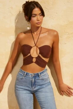 Keyhole Crop Top In Brown -Glam Dress Store 5136 1 Brown Keyhole Crop Top