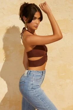 Keyhole Crop Top In Brown -Glam Dress Store 5136 6 Brown Keyhole Crop Top