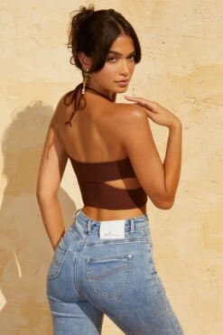 Keyhole Crop Top In Brown -Glam Dress Store 5136 8 Brown Keyhole Crop Top