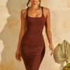 Twist Strap Mesh Midi Dress In Brown 2 Twist Strap Mesh Midi Dress In Brown -Glam Dress Store 5149 1 Lucilla Brown Twist Strap Midi Dress