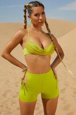 Cut Out Mini Shorts In Lime -Glam Dress Store 5162 5334 2 Las Palmas Lime Cut Out Sides With Side Ties Mini Shorts Cahuilla Hills Embellished Halter Cowl Bralet