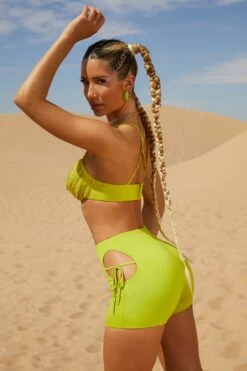 Cut Out Mini Shorts In Lime -Glam Dress Store 5162 5334 6 Las Palmas Lime Cut Out Sides With Side Ties Mini Shorts Cahuilla Hills Embellished Halter Cowl Bralet