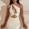 One Shoulder Cut Out Mini Dress In Ivory -Glam Dress Store 5181 1 Valenka Ivory One Shoulder Draped Cut Out Mini Dresscopy2