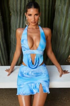 Plunge Cowl Neck Crop Top In Blue Print