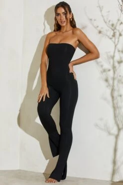 Strapless Flared Hem Jumpsuit In Black -Glam Dress Store 5247 10 Jamila Black Strapless Cut Out Flare Jumpsuit