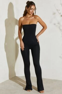 Strapless Flared Hem Jumpsuit In Black -Glam Dress Store 5247 1 Jamila Black Strapless Cut Out Flare Jumpsuit
