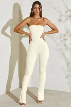 Strapless Flared Hem Jumpsuit In Ivory -Glam Dress Store 5247 2 Jamila Ivory Strapless Cut Out Flare Jumpsuit