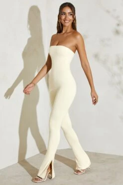 Strapless Flared Hem Jumpsuit In Ivory -Glam Dress Store 5247 5 Jamila Ivory Strapless Cut Out Flare Jumpsuit