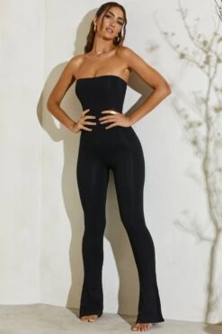 Strapless Flared Hem Jumpsuit In Black -Glam Dress Store 5247 9 Jamila Black Strapless Cut Out Flare Jumpsuit