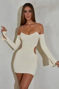 Ruched Cut Out Sides Long Sleeve Mini Dress In Ivory 14 Ruched Cut Out Sides Long Sleeve Mini Dress In Ivory -Glam Dress Store 5250 2 Ivory Ruched Cut Out Sides Mini Dress