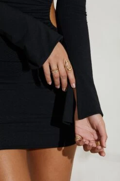 Ruched Cut Out Sides Long Sleeve Mini Dress In Black -Glam Dress Store 5250 3 Rumi Black Ruched Cut Out Sides Mini Dress