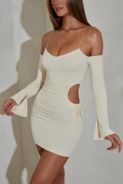 Ruched Cut Out Sides Long Sleeve Mini Dress In Ivory 13 Ruched Cut Out Sides Long Sleeve Mini Dress In Ivory -Glam Dress Store 5250 5 Ivory Ruched Cut Out Sides Mini Dress