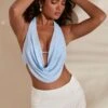 Halter Neck Plunge Cowl Crop Top In Light Blue -Glam Dress Store 5260 3 Nila Light Blue Halter Cowl Neck Crop Top