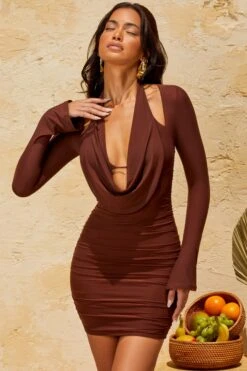 Halterneck Mini Dress In Brown 17 Halterneck Mini Dress In Brown -Glam Dress Store 5261 1 Valente Brown Long Sleeve Halter Neck Mini Dress