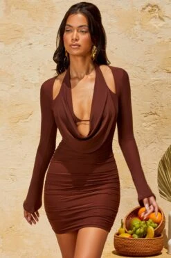 Halterneck Mini Dress In Brown 15 Halterneck Mini Dress In Brown -Glam Dress Store 5261 2 Valente Brown Long Sleeve Halter Neck Mini Dress