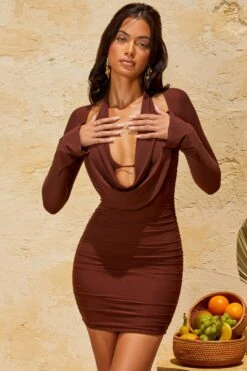 Halterneck Mini Dress In Brown 19 Halterneck Mini Dress In Brown -Glam Dress Store 5261 3 Valente Brown Long Sleeve Halter Neck Mini Dress