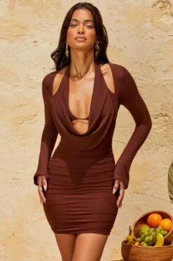 Halterneck Mini Dress In Brown 18 Halterneck Mini Dress In Brown -Glam Dress Store 5261 5 Valente Brown Long Sleeve Halter Neck Mini Dress