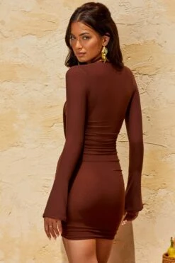Halterneck Mini Dress In Brown 16 Halterneck Mini Dress In Brown -Glam Dress Store 5261 8 Valente Brown Long Sleeve Halter Neck Mini Dress