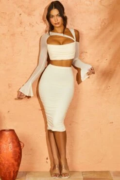 Asymmetric Cowl Neck Cut Out Crop Top In Ivory -Glam Dress Store 5266 5263 2 Belina Mya Ivory Long Sleeve Asymetric Cutout Crop Top Ruched Midi Skirt