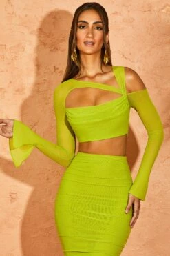 Asymmetric Cowl Neck Cut Out Crop Top In Green