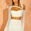 Asymmetric Cowl Neck Cut Out Crop Top In Ivory -Glam Dress Store 5266 5263 6 Belina Mya Ivory Long Sleeve Asymetric Cutout Crop Top Ruched Midi Skirt