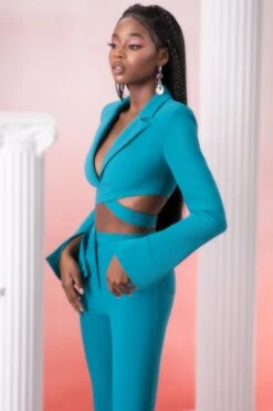 Cropped Blazer In Teal -Glam Dress Store 5303 5315 11 meraki teal wrap