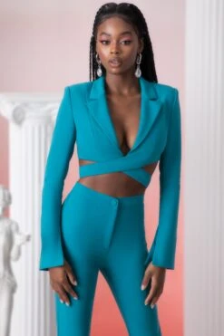Cropped Blazer In Teal -Glam Dress Store 5303 5315 8 meraki teal wrap