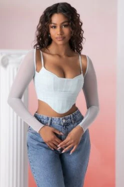 Long Sleeve Crop Top In Aqua -Glam Dress Store 5306 1 eros aqua long sleeve corset top