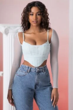 Long Sleeve Crop Top In Aqua -Glam Dress Store 5306 2 eros aqua long sleeve corset top