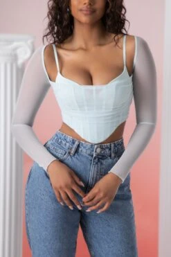 Long Sleeve Crop Top In Aqua -Glam Dress Store 5306 4 eros aqua long sleeve corset top