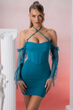Frill Detail Cowl Neck Mini Dress In Teal 15 Frill Detail Cowl Neck Mini Dress In Teal -Glam Dress Store 5310 1 makaria teal frill detail cowled corset mini dress