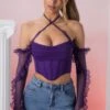Frill Detail Cowl Neck Crop Top In Violet 2 Frill Detail Cowl Neck Crop Top In Violet -Glam Dress Store 5311 1 filia violet ruffled long sleeve bust flattering corset crop top