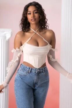 Frill Detail Cowl Neck Crop Top In Stone -Glam Dress Store 5311 2 filia stone ruffled long sleeve bust flattering corset crop top