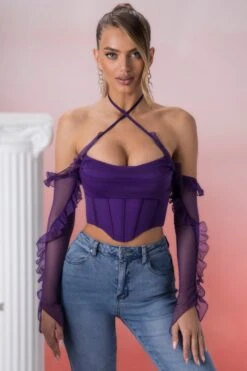 Frill Detail Cowl Neck Crop Top In Violet -Glam Dress Store 5311 3 filia violet ruffled long sleeve bust flattering corset crop top