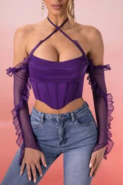 Frill Detail Cowl Neck Crop Top In Violet -Glam Dress Store 5311 4 filia violet ruffled long sleeve bust flattering corset crop top