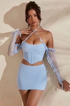 Long Sleeve Cowl Neck Corset Crop Top In Light Blue -Glam Dress Store 5311 5985 3 Noemi Kesara Light Blue Frill Detail Cowl Neck Corset Top Split Micro Mini Set 1