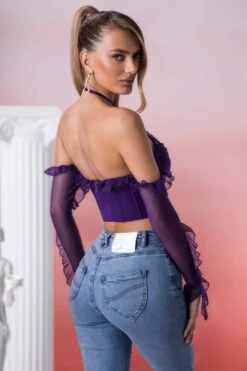 Frill Detail Cowl Neck Crop Top In Violet -Glam Dress Store 5311 7 filia violet ruffled long sleeve bust flattering corset crop top