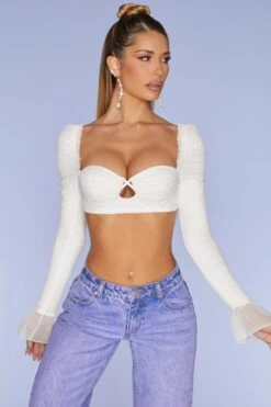 Long Sleeve Ruched Crop Top In Ivory