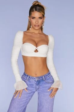 Long Sleeve Ruched Crop Top In Ivory -Glam Dress Store 5317 3 Chamonix Ivory Ruched Mesh Cut Out Crop Top