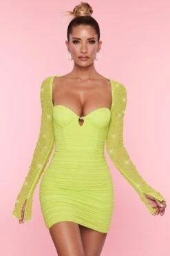 Embellished Long Sleeve Mini Dress In Lime
