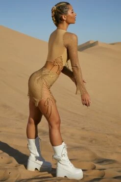 Rhinestone Lace Up Micro Mini Skirt In Beige 17 Rhinestone Lace Up Micro Mini Skirt In Beige -Glam Dress Store 5326 5332 9 The Mesa Mirador Beige Lace Up Embellished Mini Dress Plunge Neck Cut Out Long Sleeve Crop Top