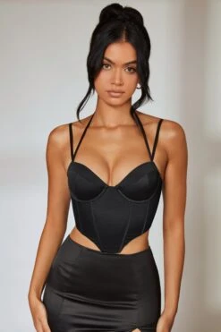 Dual Strap Corset Crop Top In Black -Glam Dress Store 5328 5730 5 Boast Black Corset Top Split Mini Skirt