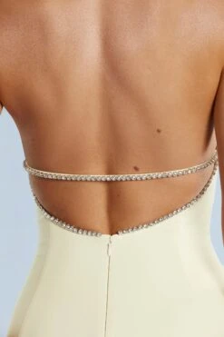 Low Back Midi Dress In Ivory 16 Low Back Midi Dress In Ivory -Glam Dress Store 5382 11 Hani Ivory Embellished Trim Split Front Halter Midi Dress