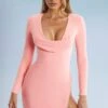 Cowl Neck Thigh Split Mini Dress In Blush 2 Cowl Neck Thigh Split Mini Dress In Blush -Glam Dress Store 5383 4 Tate Blush Low Cowl Split Mini Dress