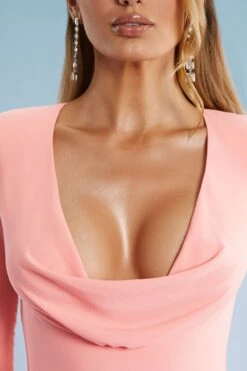 Cowl Neck Thigh Split Mini Dress In Blush -Glam Dress Store 5383 7 Tate Blush Low Cowl Split Mini Dress