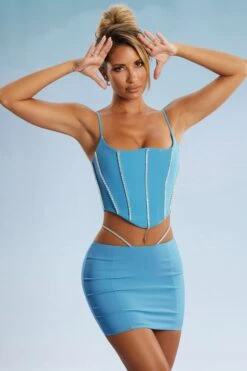 Embellished Corset Crop Top In Blue 20 Embellished Corset Crop Top In Blue -Glam Dress Store 5388 5384 13 Blue Embellished Cut Straps Mini Skirt Corset Top
