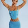 Embellished Corset Crop Top In Blue -Glam Dress Store 5388 5384 4 Blue Embellished Cut Straps Mini Skirt Corset Top