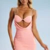 Cowl Neck Cut Out Mini Dress In Blush -Glam Dress Store 5390 4 Blush Embellished Trim Drape Mini Dress