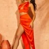Side Split Maxi Skirt In Orange -Glam Dress Store 5398 5379 12 Carena Pia Orange One Shoulder Cut Out Crop Top Draped Midi Skirt